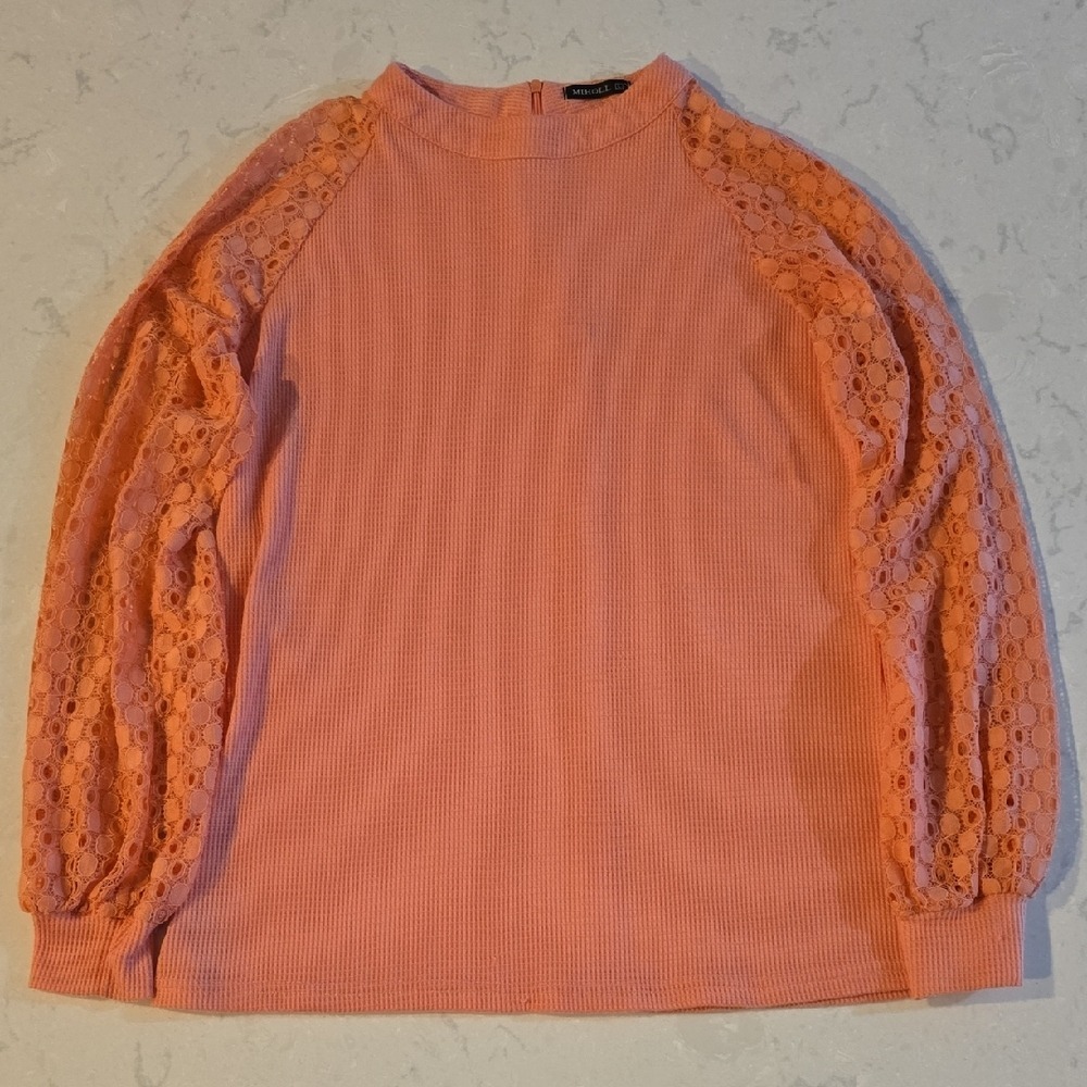 Miholl Coral Orange Waffle Knit Lace Sleeve Mock Neck Top Large